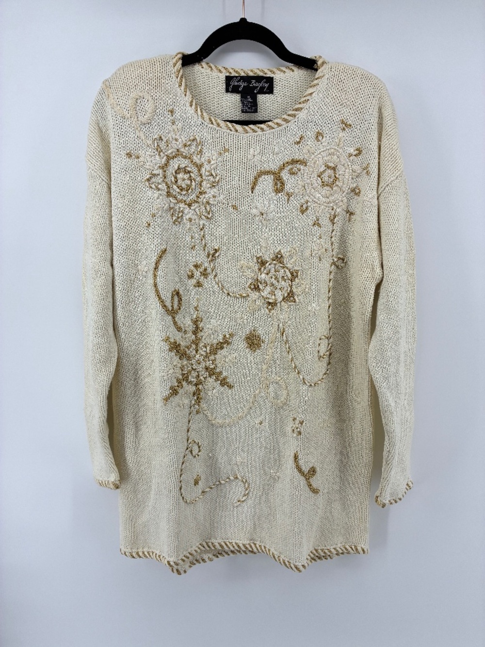 Vintage Cream and Gold Snowflake Floral Winter Knit Sweater